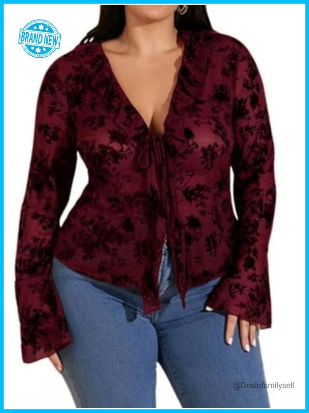 Plus Size Lace Mesh Sheer Tie Front Going Out Top